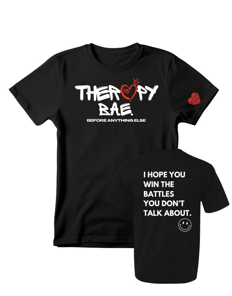 Black Therapy Is BAE T-shirt showing the front logo and back message
