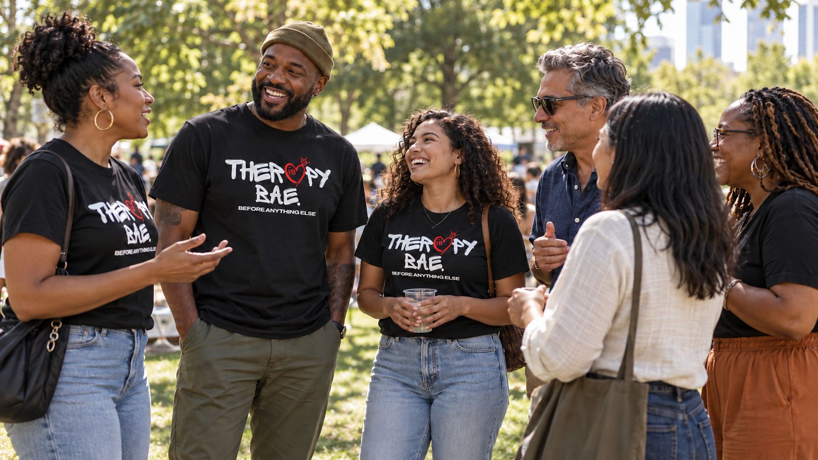 Illustrative scene of men and women talking outdoors, some wearing Therapy Is BAE shirts