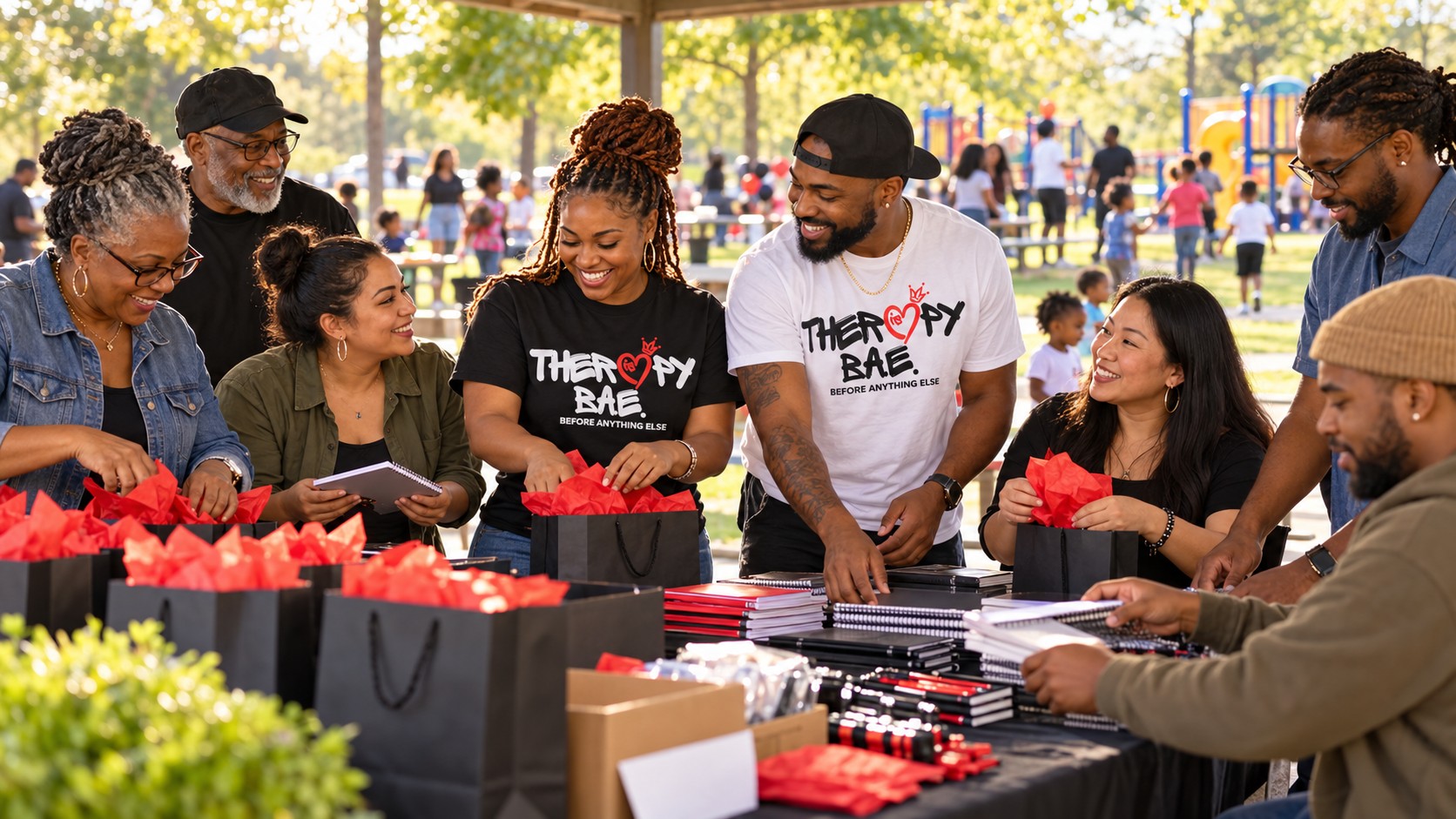 Illustrative community scene: a predominantly Black team prepares welcome bags and notebooks for an outdoor gathering, with families enjoying the park nearby.