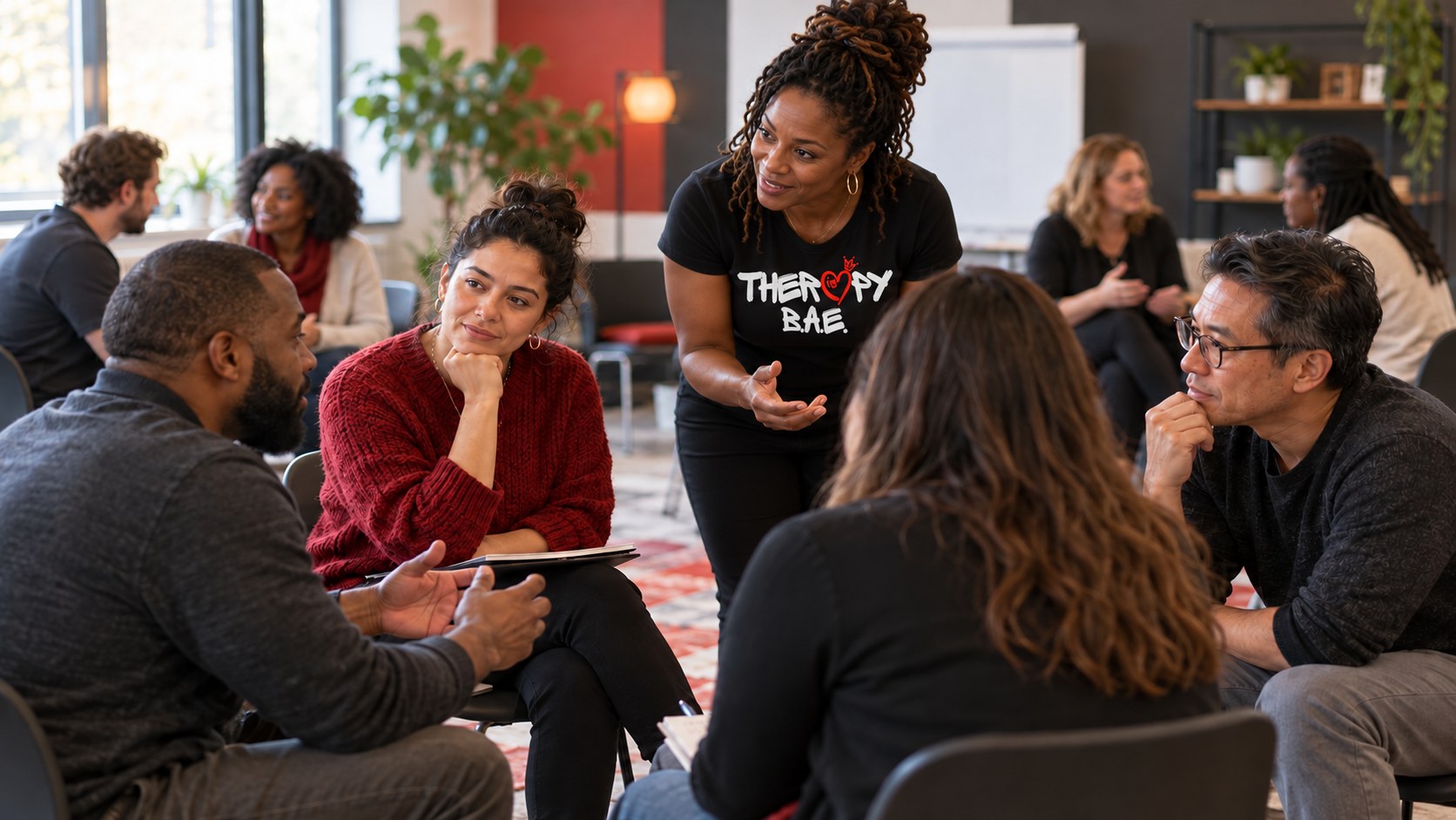 Illustrative group training led by a woman wearing a Therapy Is BAE shirt