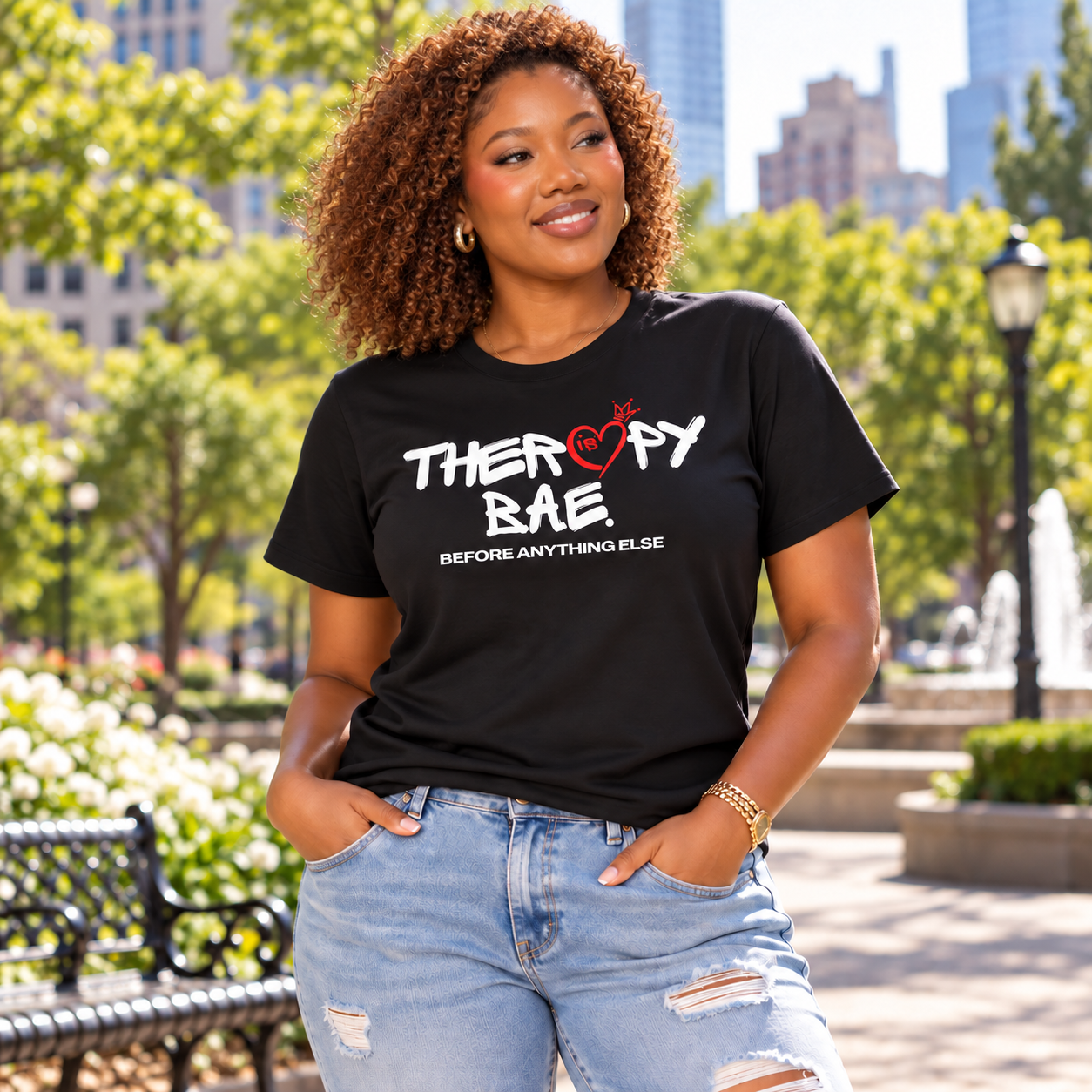 Illustrative model wearing a black Therapy Is BAE T-shirt