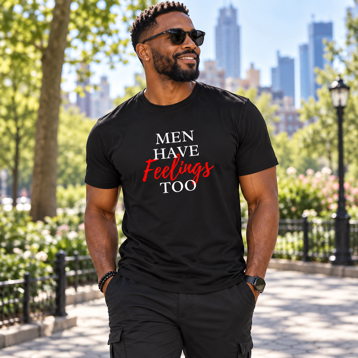 Illustrative model wearing a black Men Have Feelings Too T-shirt