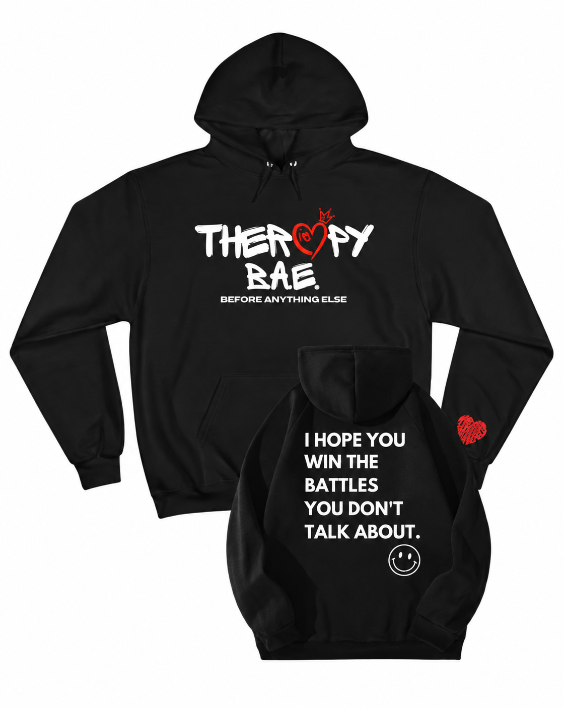 Black Therapy Is BAE hoodie showing front logo and back message